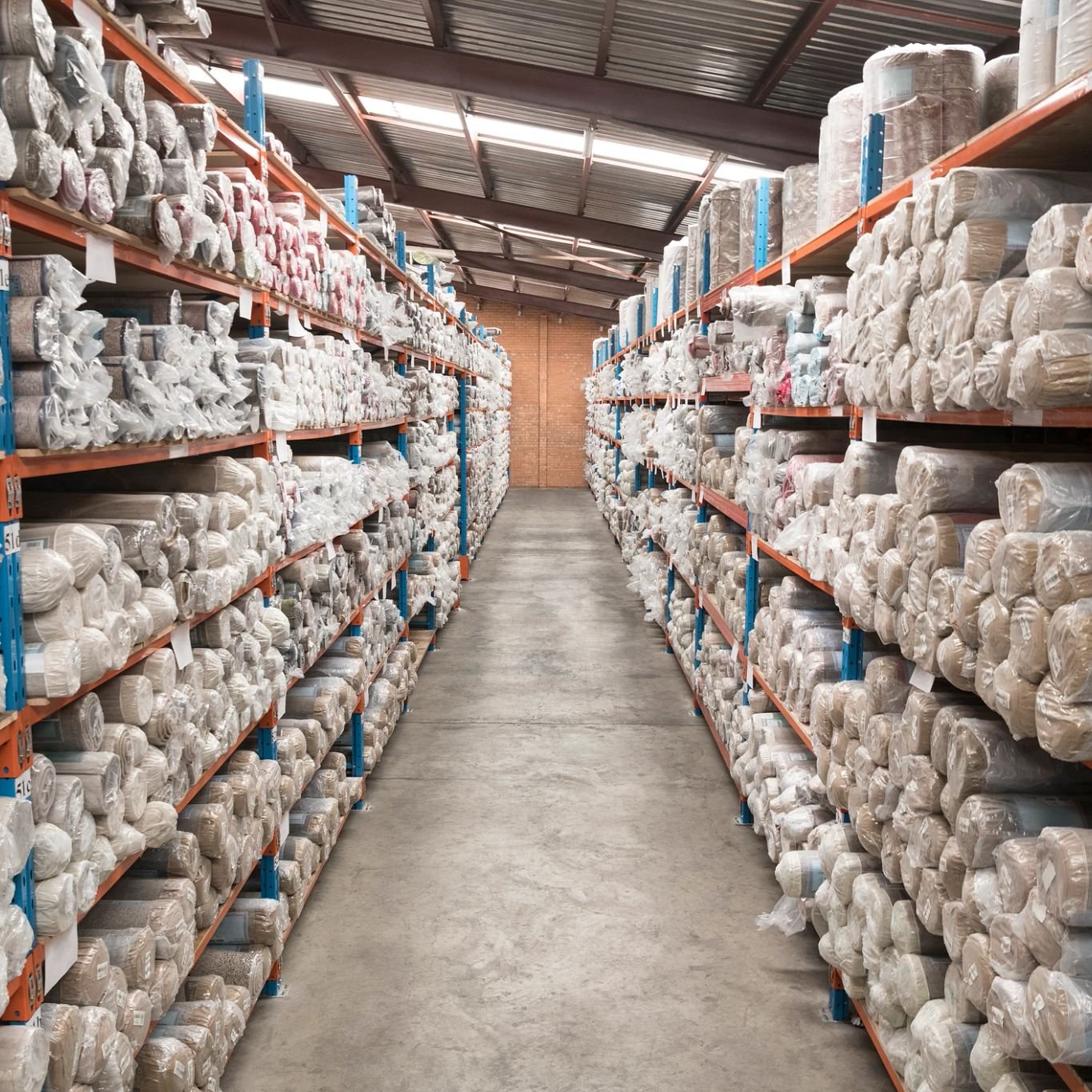 warehouse shelves with carpet rolls - Castillo's Carpet Shack in Riverside, CA