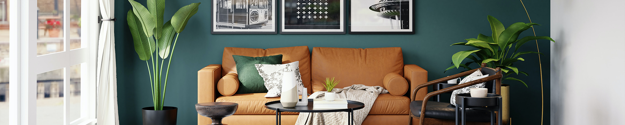 sunny living room with colorful couch and plants - Castillo's Carpet Shack in Riverside, CA