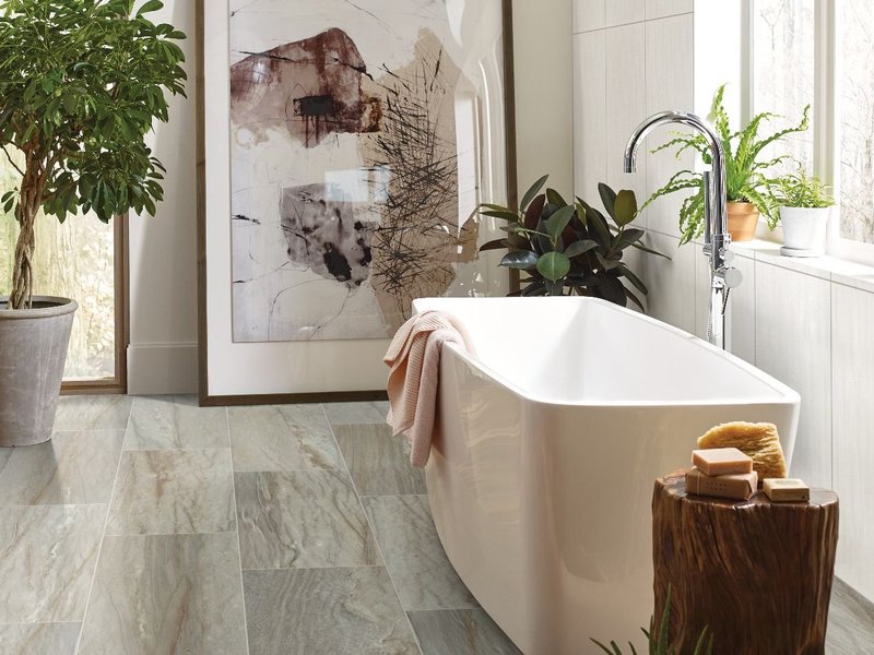 bathroom with standalone tub on hard flooring - Castillo's Carpet Shack in Riverside, CA